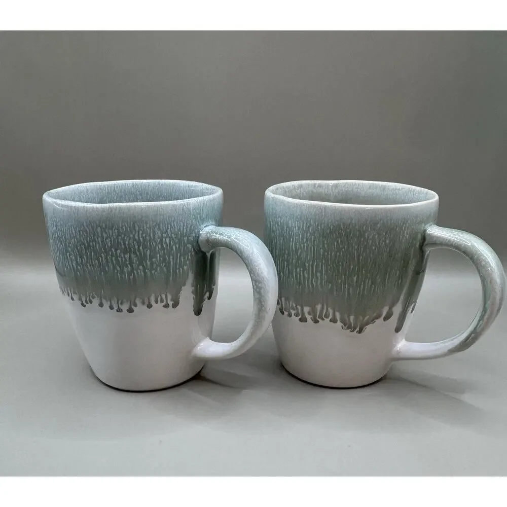 West Elm Portugal Stoneware Mugs Reactive Drip Glaze Green Blue Set Of 2